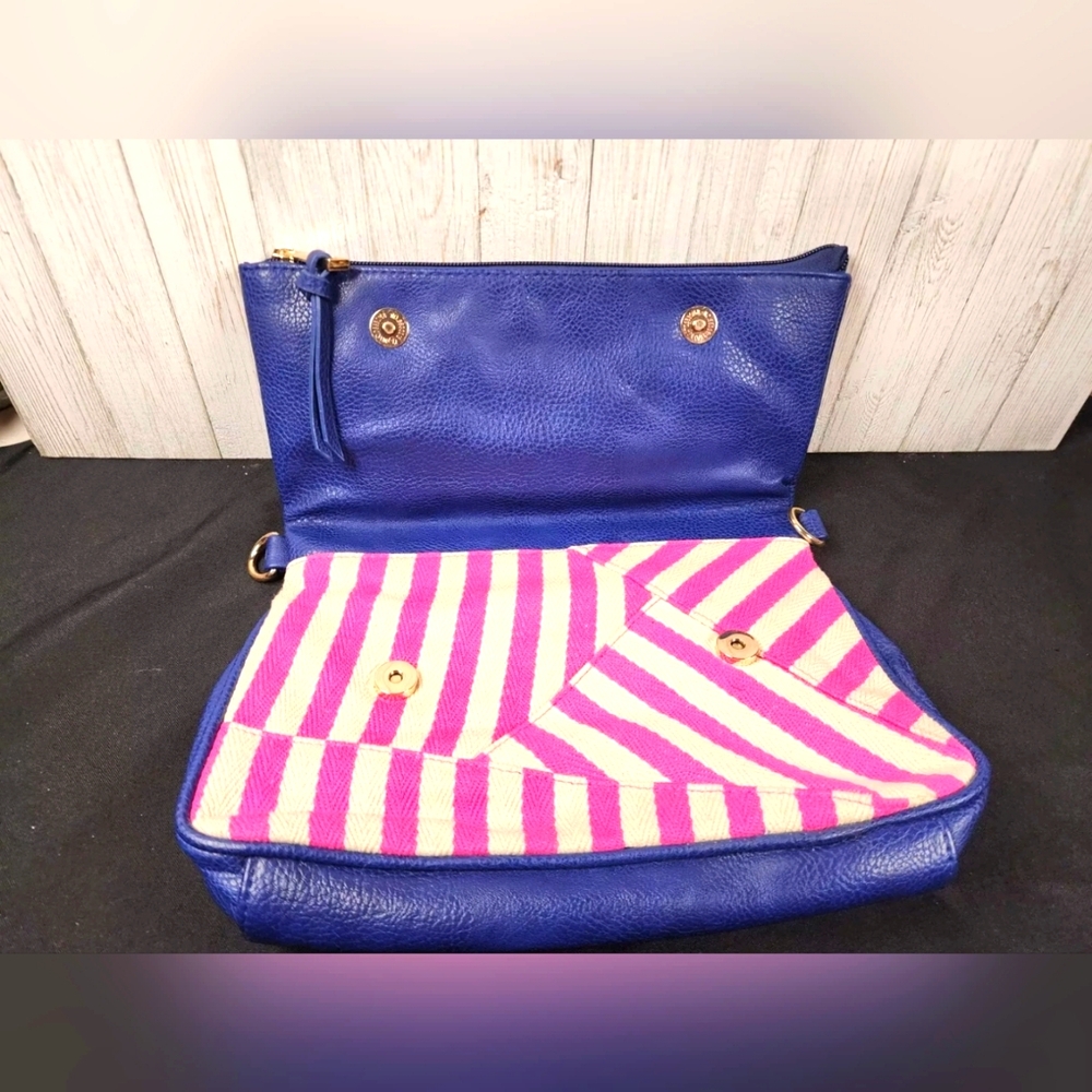 Poverty Flats Blue/ Pink  Large Magnetic Flap Zip Opening Hot Pink Stripe Design
